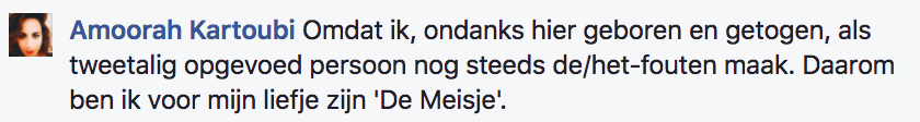 Amoorah Kartoubi: Omdat ik, ondanks hier geboren en getogen, als tweetalig opgevoed persoon nog steeds de/het-fouten maak. Daarom ben ik voor mijn liefje zijn 'De Meisje'.